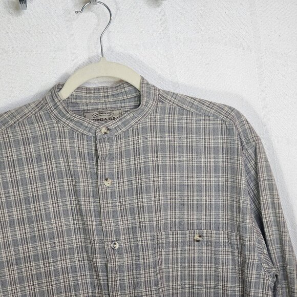 Bogari Studio Gray Brown Check LS Cotton Band Collar Waffle Weave Shirt Size M - Picture 6 of 16